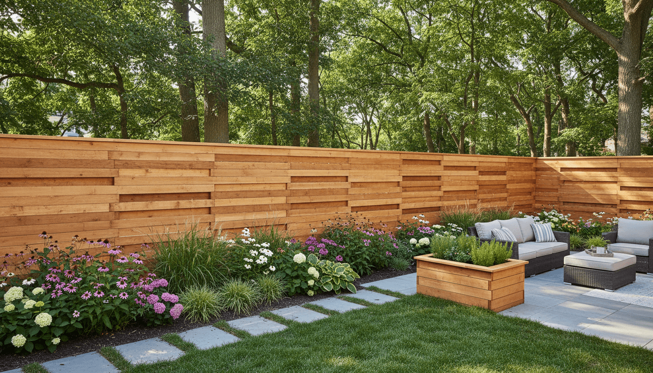 Modern wooden privacy fence in a residential backyard
