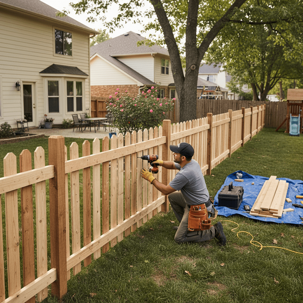Professional fence installer securing a new wooden fence panel in a backyard