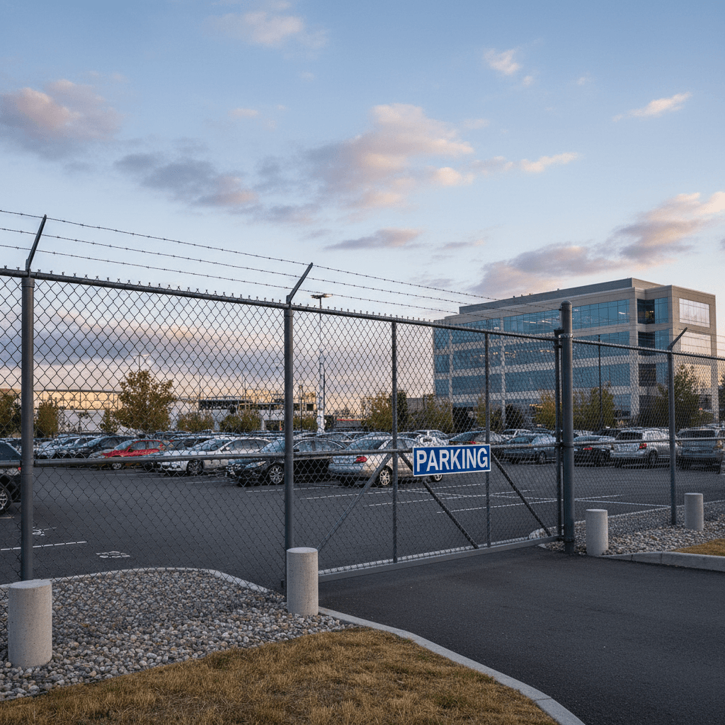 Commercial metal fence surrounding a parking area