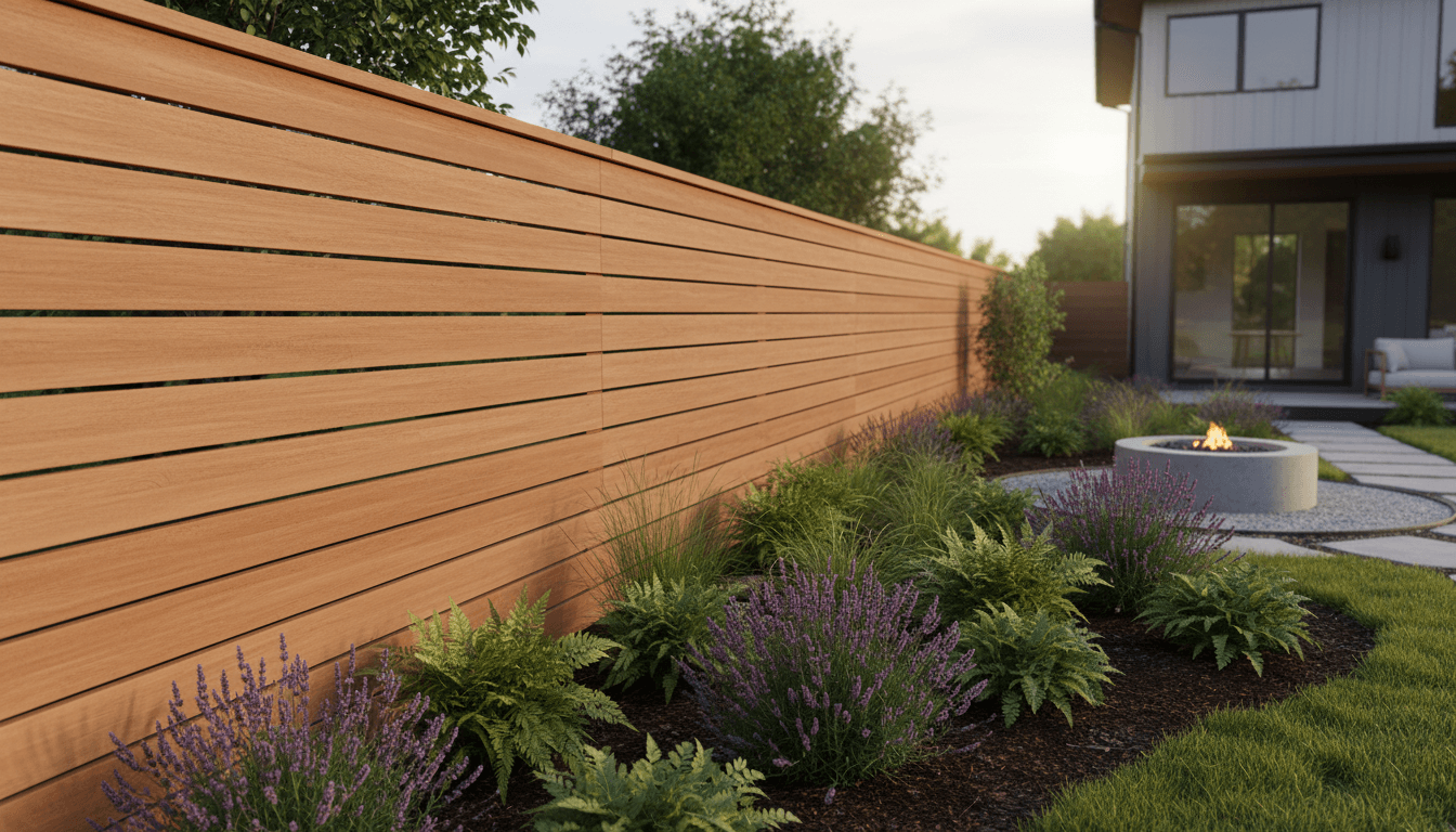 Newly installed modern wooden slat fence in a residential garden