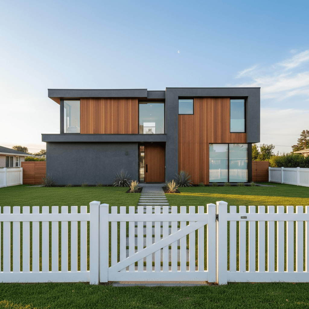 Picket fence in front of a modern home