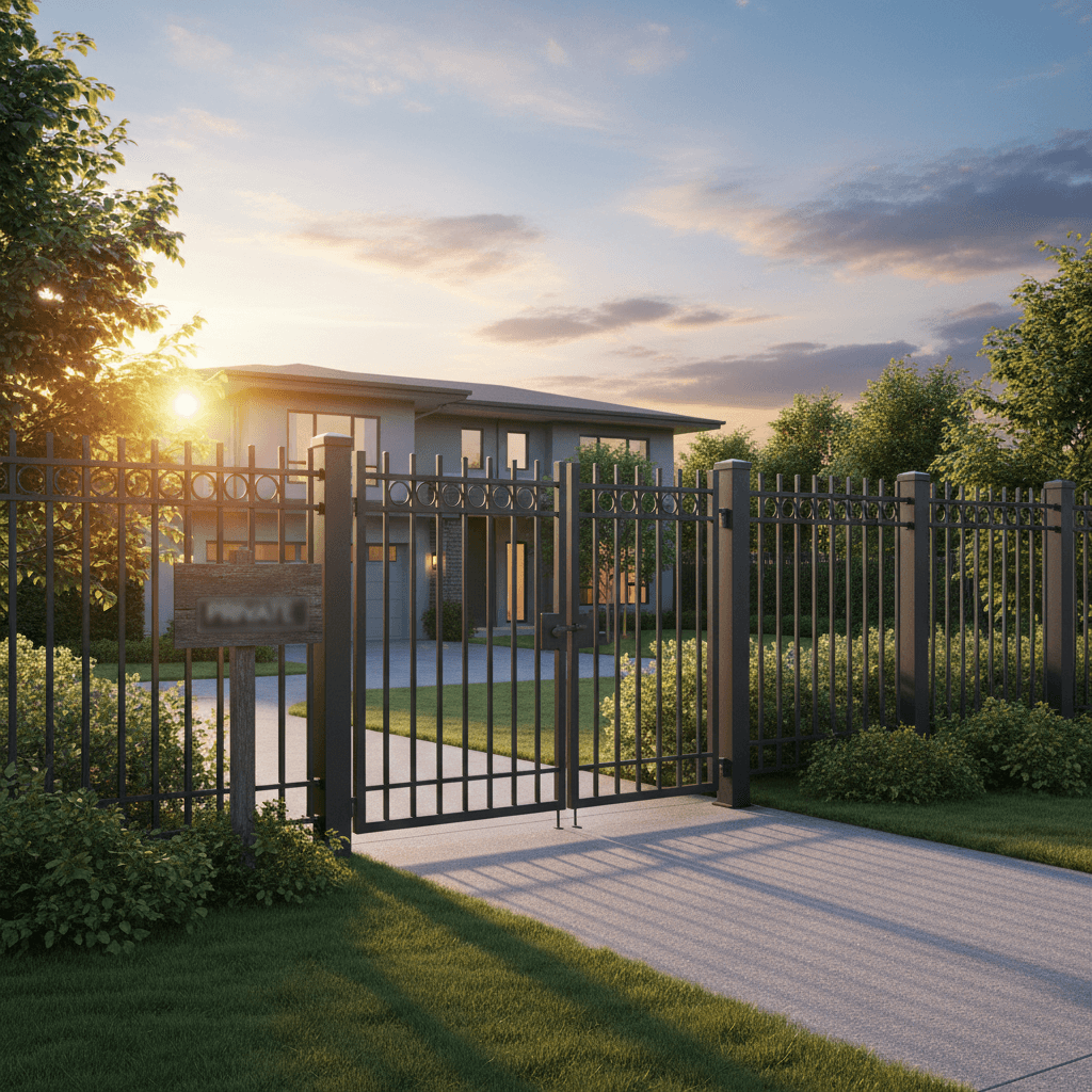 Steel fence panels along a residential boundary