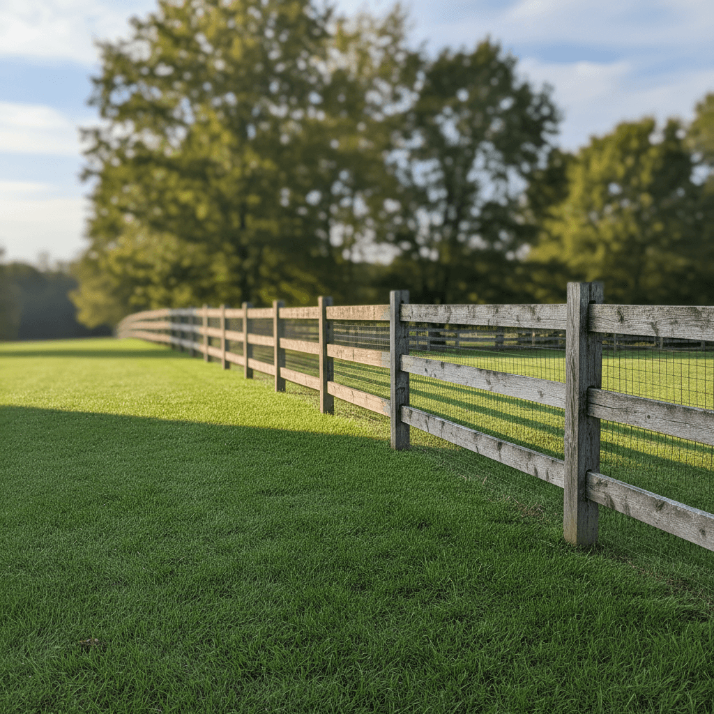 Wooden boundary fence extending across a green lawn