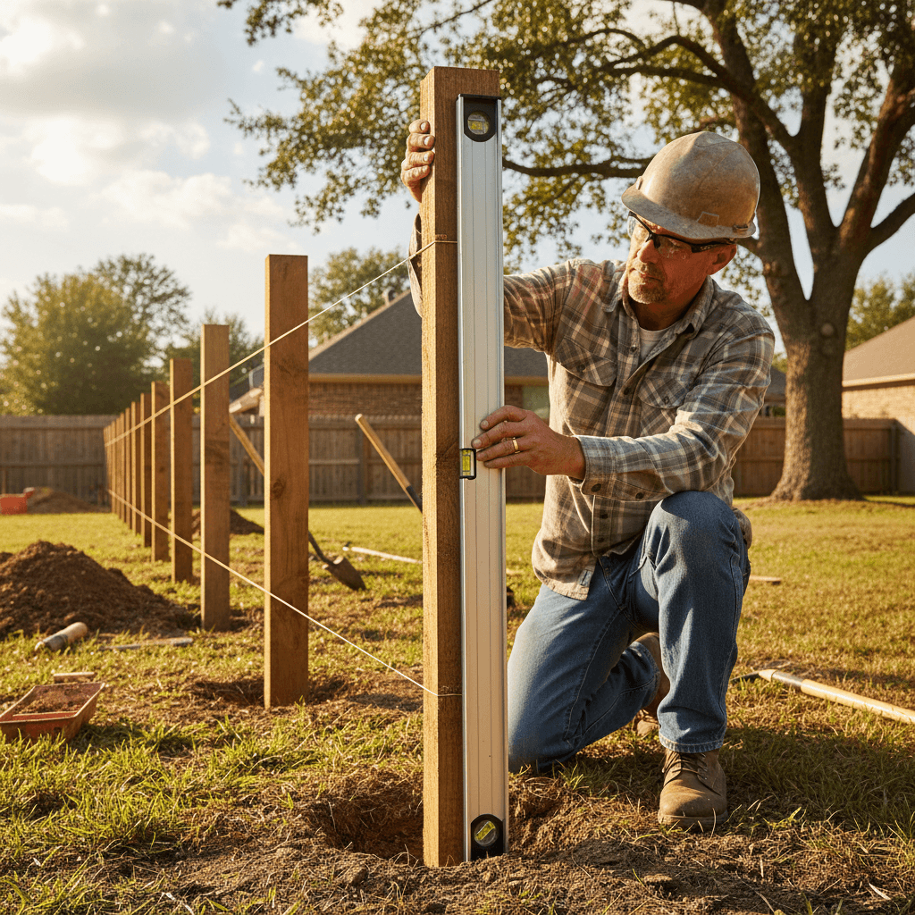 Fence installer setting wood posts with a level
