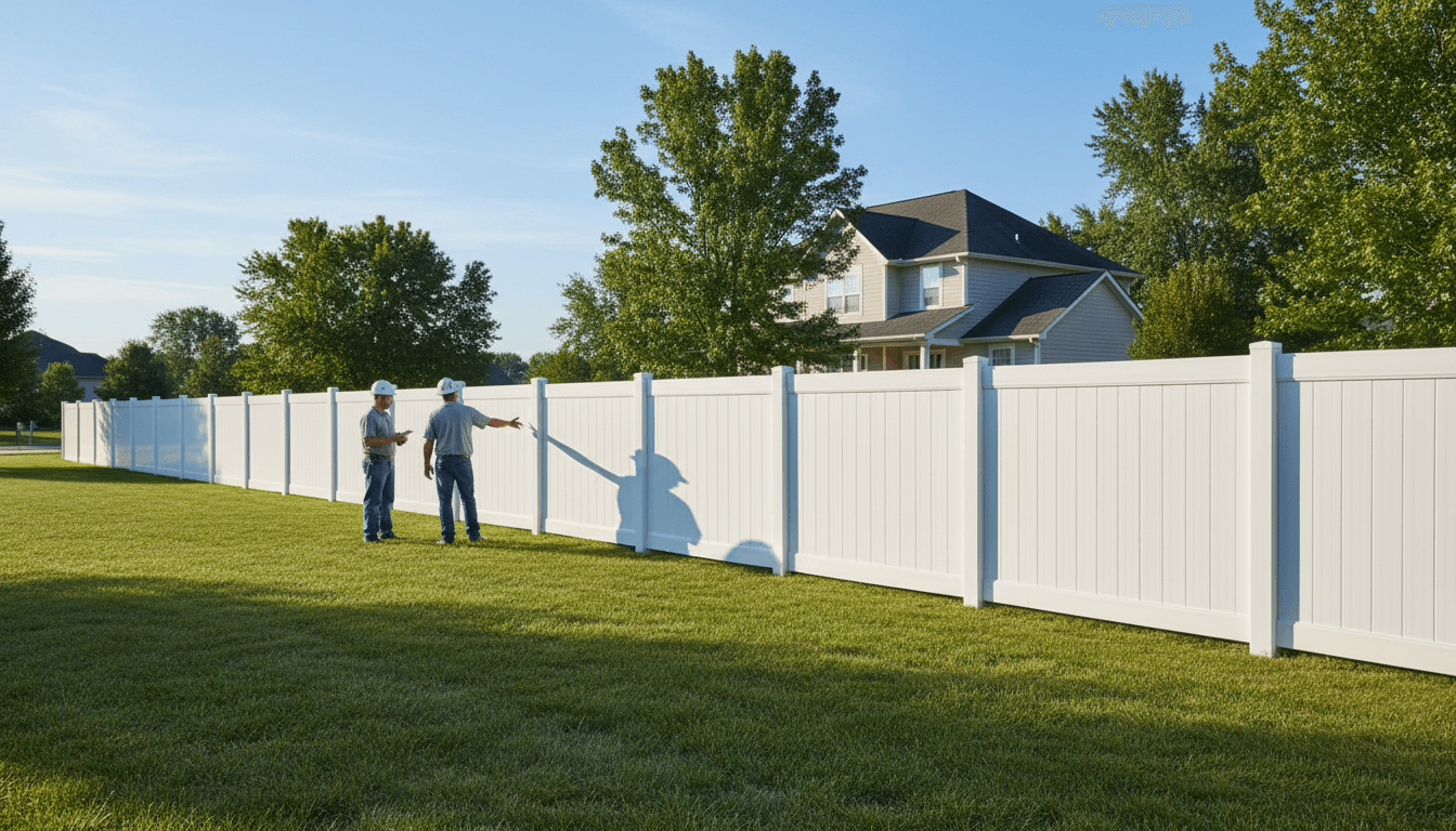 Fencing crew installing durable fence panels on a property line