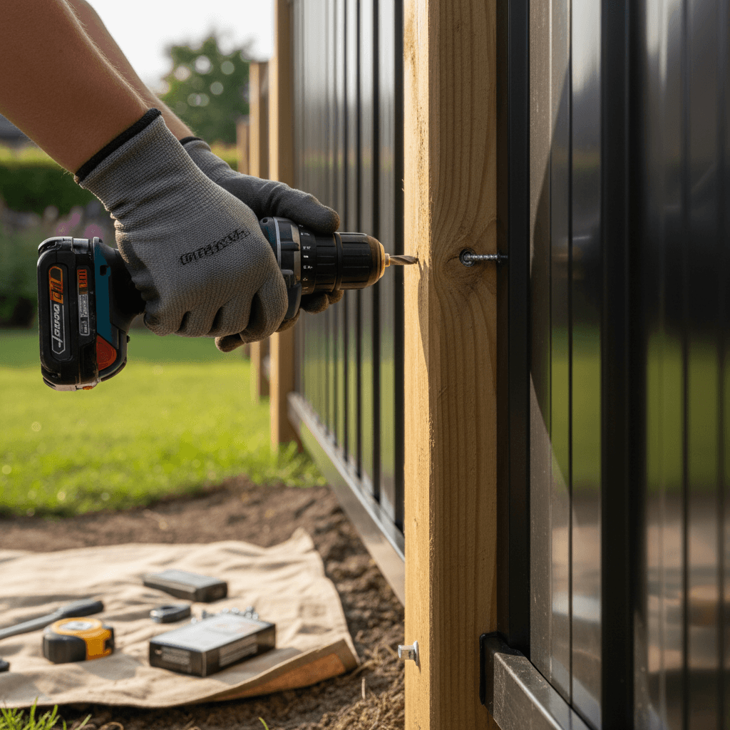 close up of hands repairing a wooden fence board with a drill and new fence board
