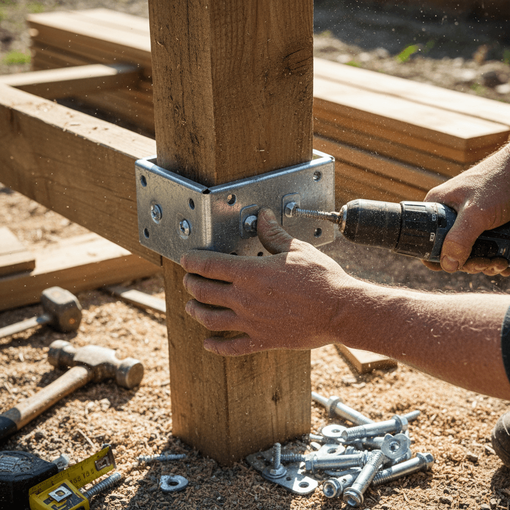 Worker repairing a fence with a power drill