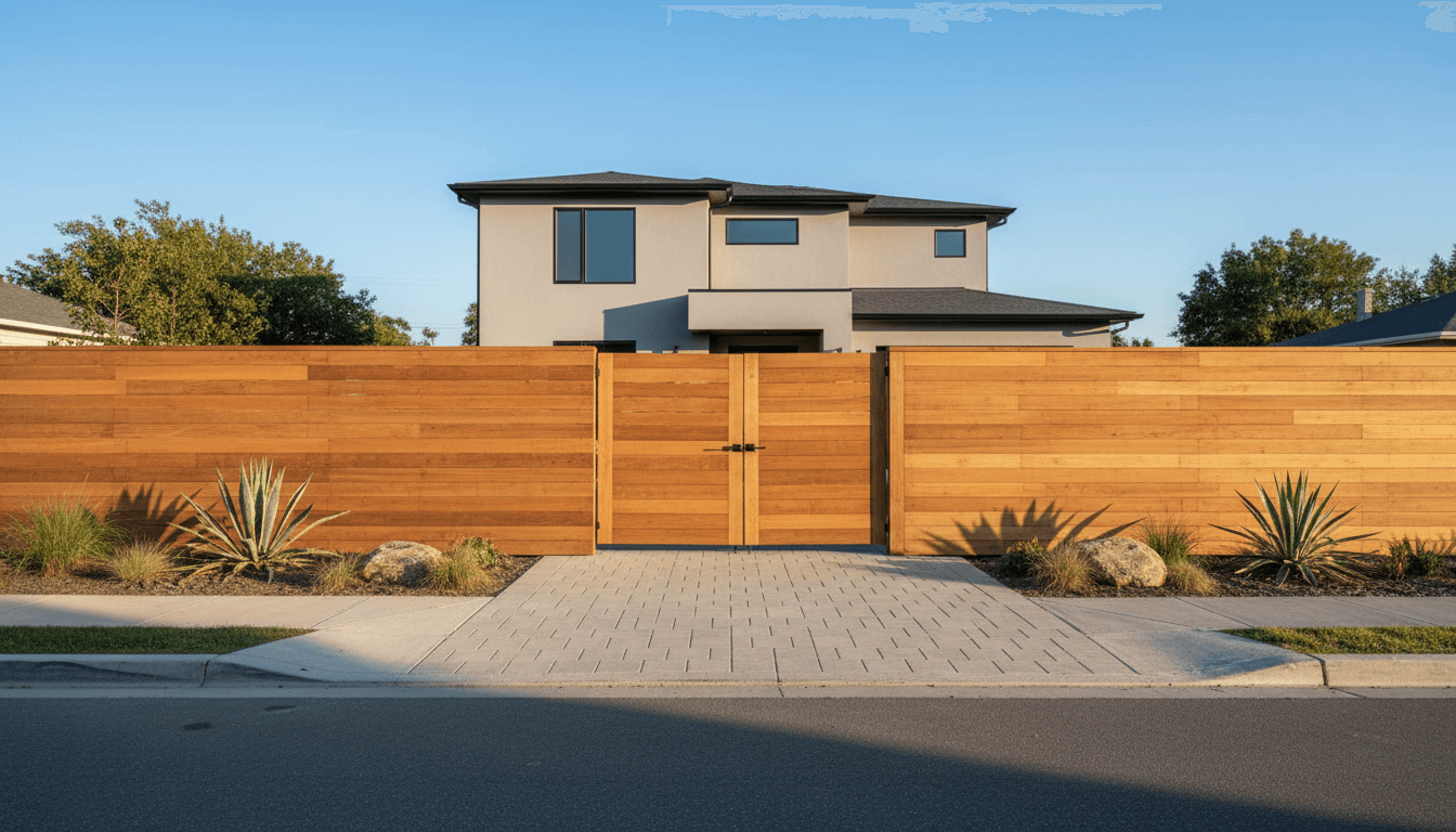 New wooden privacy fence with gate in a residential backyard