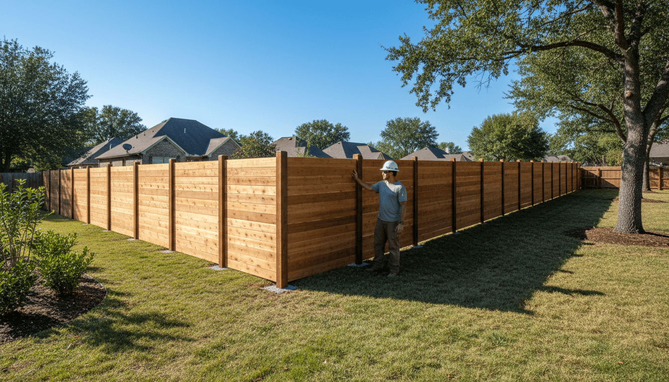 Professional fence installers working on a new fence in a backyard
