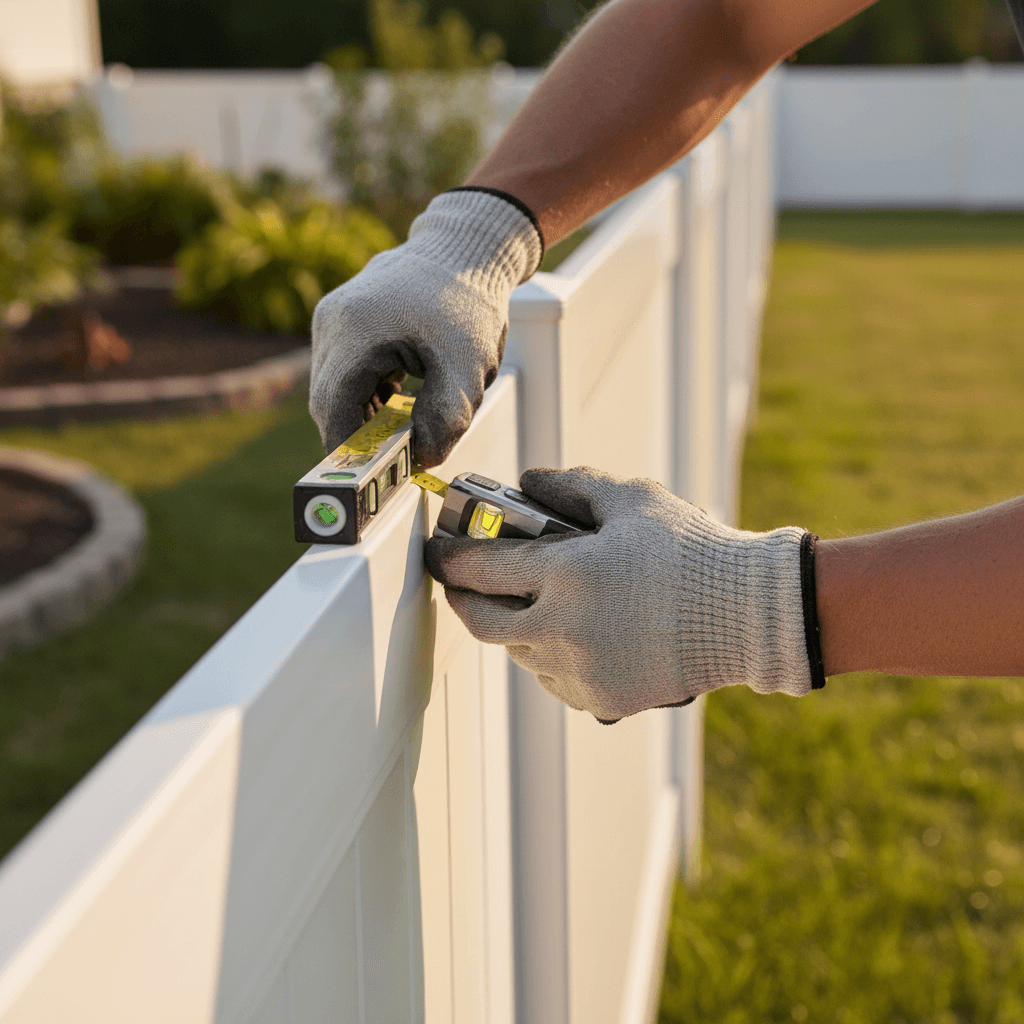 Fence installer measuring wooden fence panels in a Toronto backyard